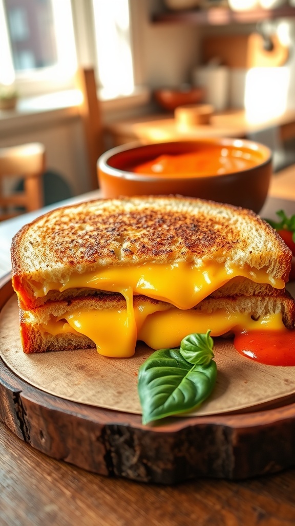 Ultimate 4-Slice Grilled Cheese Sandwich Maker Recipe Golden-brown grilled cheese sandwich with melted cheese and a side of tomato soup.